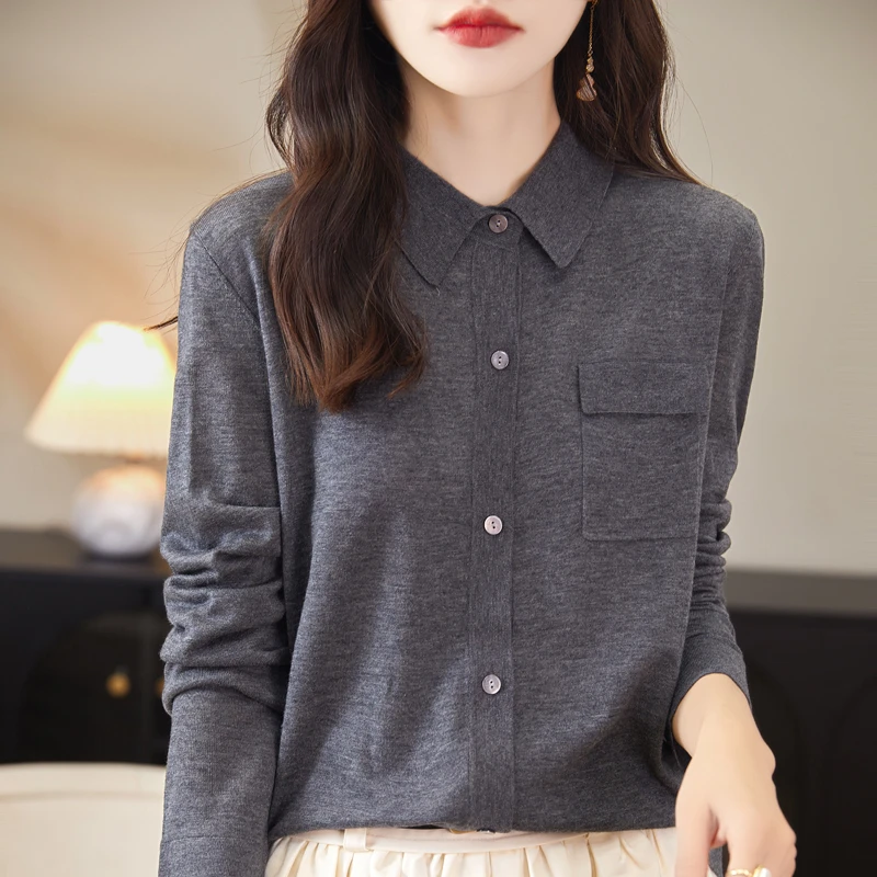 新品薄款精纺100%纯羊毛针织气质开衫女POLO领法式翻领衬衫打底衫