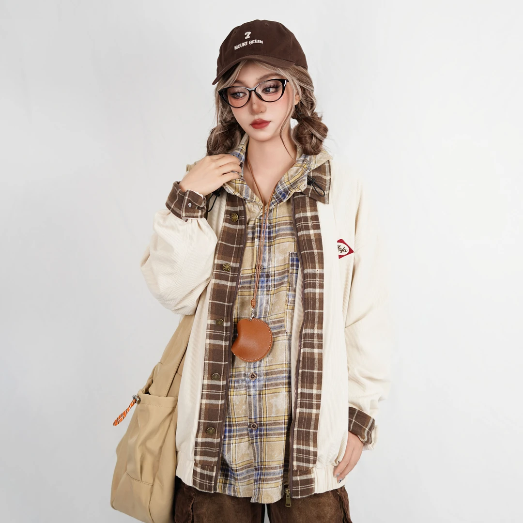 PEEKABOO 格子拼接翻领灯芯绒外套美式复古宽松夹克男女同款