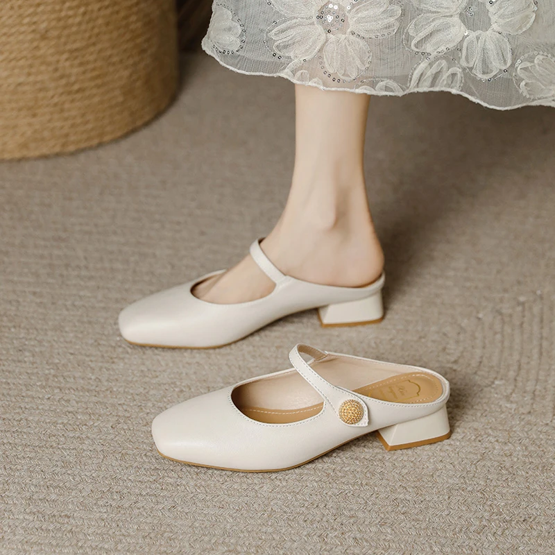 夏季真皮时尚凉拖复古玛丽珍温柔百搭配裙子法式方头低跟半拖单鞋