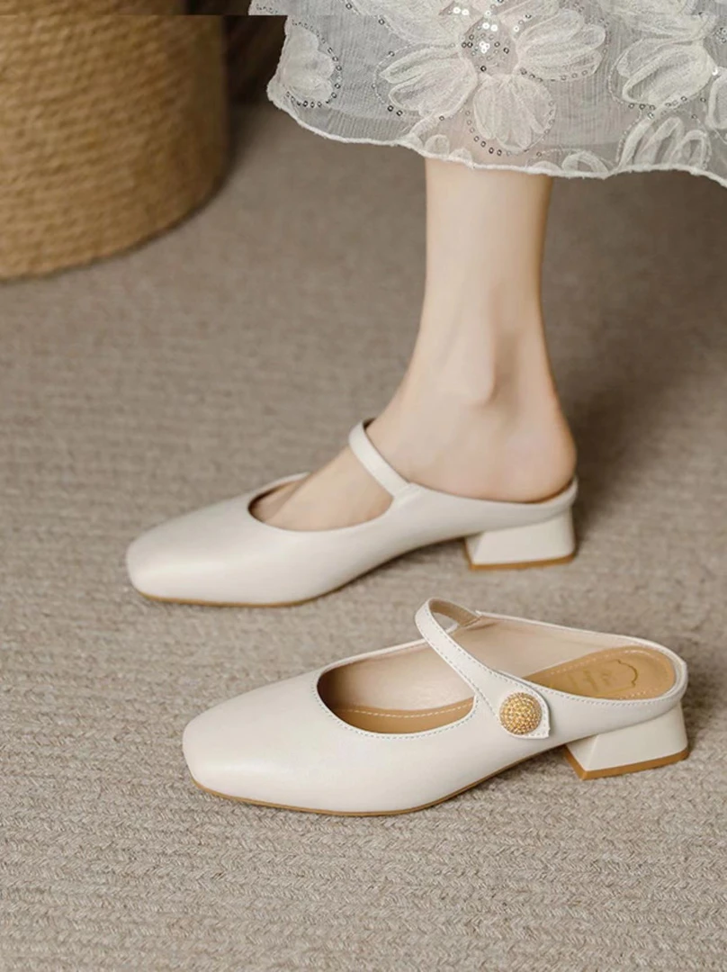 法式半拖凉鞋女方头气质低跟单鞋玛丽珍鞋真皮软底包头半拖夏外穿