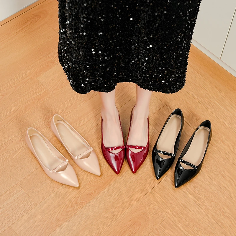 新款尖头平底鞋女气质百搭内增高单鞋红色高级感中跟软底大码跟鞋