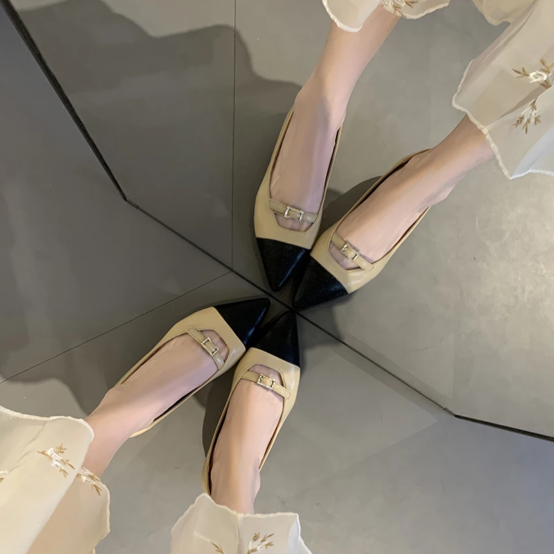 法式名媛尖头平底百搭女小香风玛丽珍女鞋真皮小个子内增高工作鞋