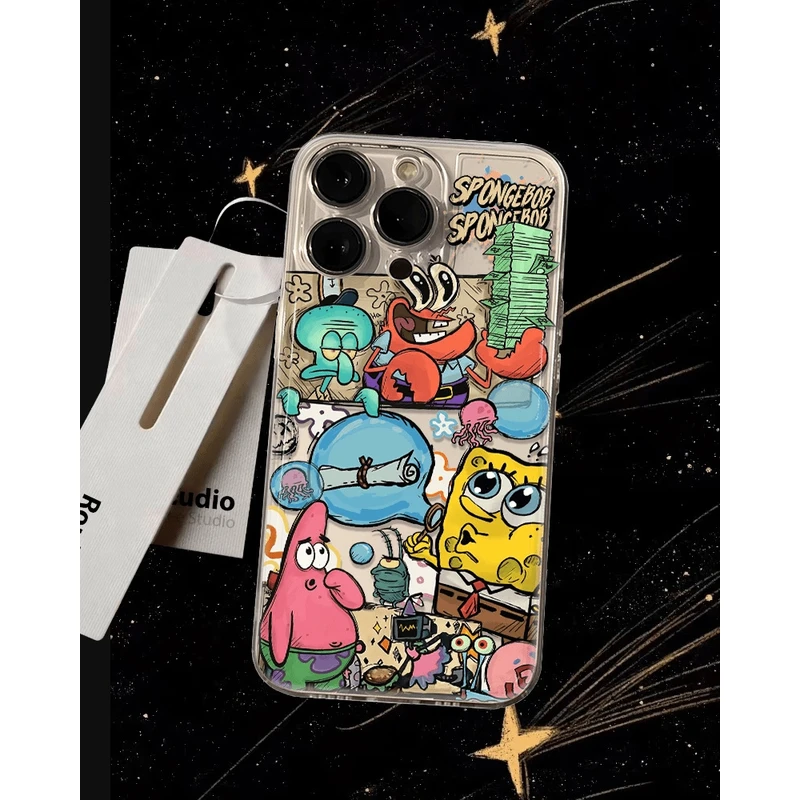 涂鸦海绵宝宝适用苹果15Pro手机壳16Promax防摔14/12卡通11透明13