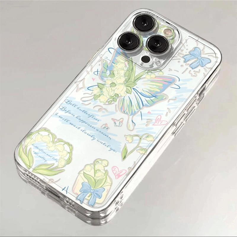 春日蓝底蝴蝶苹果16手机壳iphone15男女13/14promax全包12软/高级