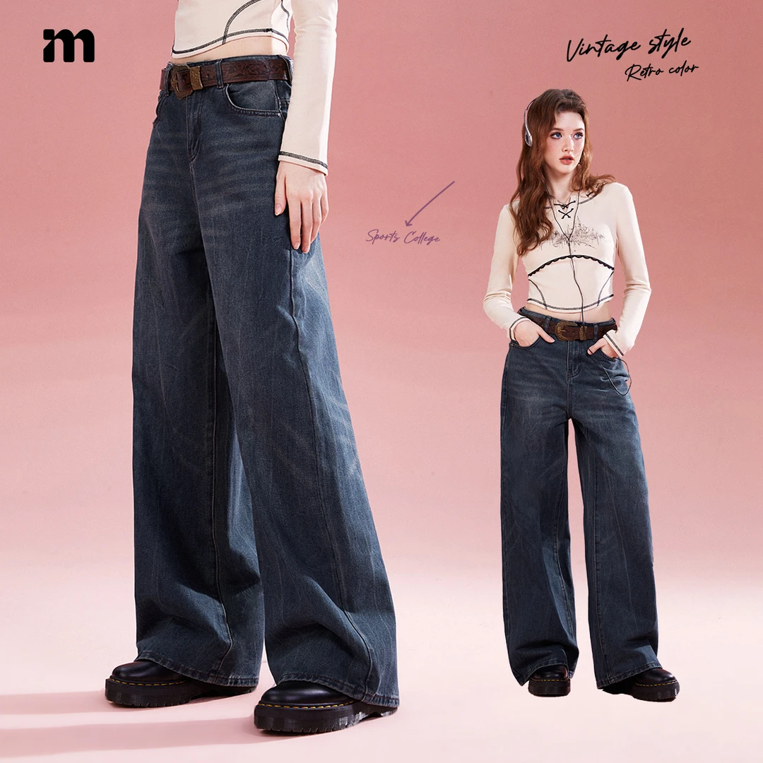 I'm one复古高腰宽松深色直筒牛仔裤显瘦休闲秋冬DTU033