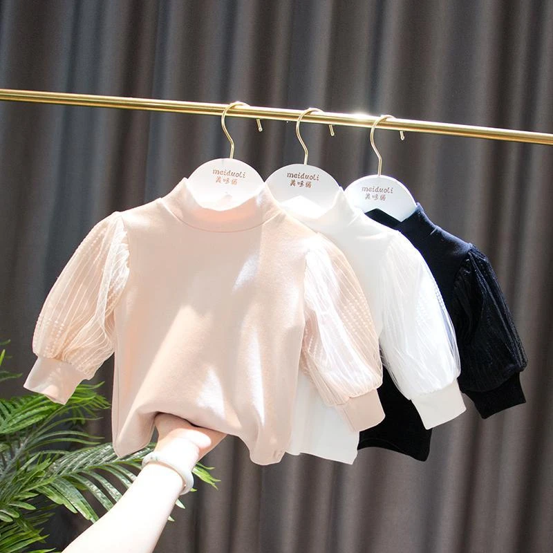新款加绒女童装宝宝婴幼儿复古泡泡袖中高领打底衫长袖T