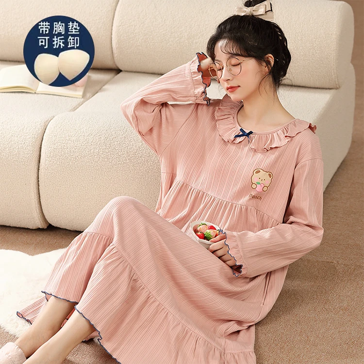 带胸垫睡裙宽松韩版春秋季休闲长袖女士甜美大码孕妇睡裙春秋款