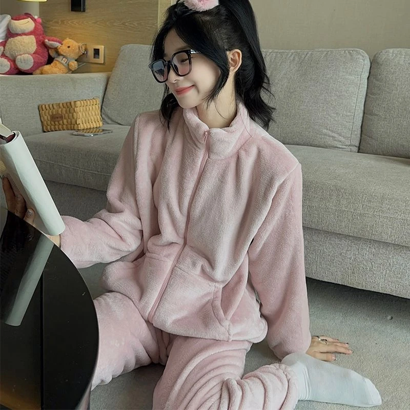 冬季女士拉链款珊瑚绒睡衣保暖可外穿小清新韩版外套家居服套装