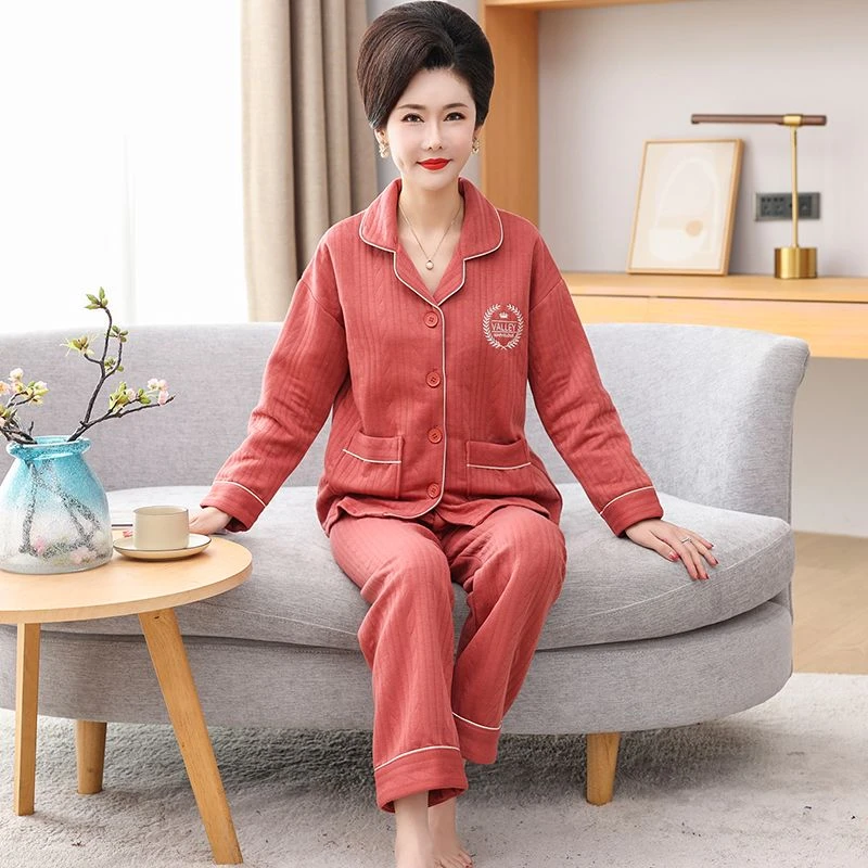 冬季夹层妈妈睡衣加厚保暖开衫外套中老年舒适家居服两件套可外穿