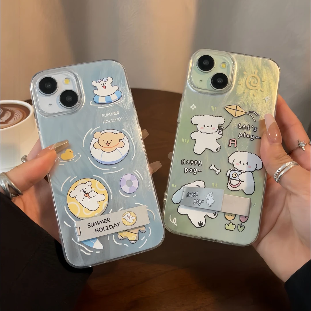 夕与空游泳圈小狗羽纱壳支架适用苹果15手机壳华为70vivo小米oppo