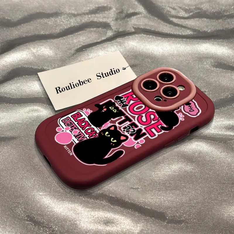粉红黑猫泡芙壳适用于苹果15手机壳iphone13/14promax防摔12/11女