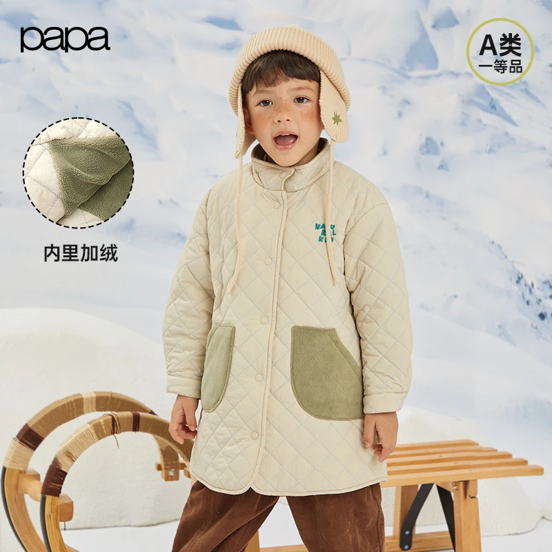papa爬爬儿童棉服棉感尼龙绗线长款风衣加绒加厚保暖