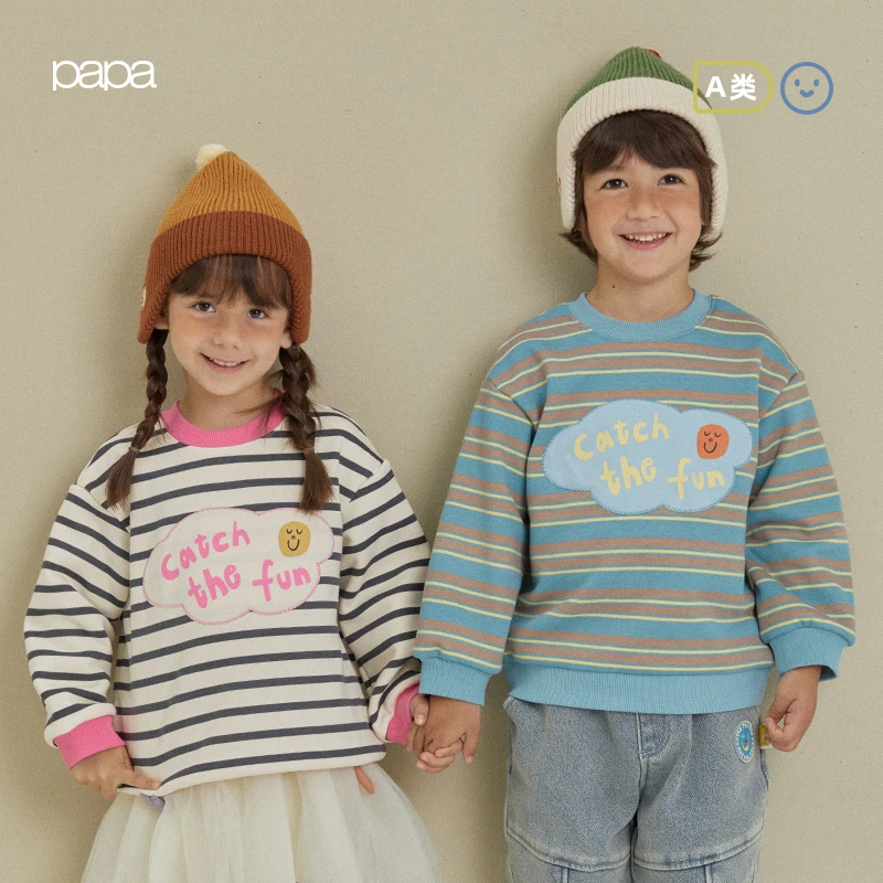 papa爬爬冬季儿童卫衣条纹上衣男女宝宝登山绒撞色领加绒保暖洋气