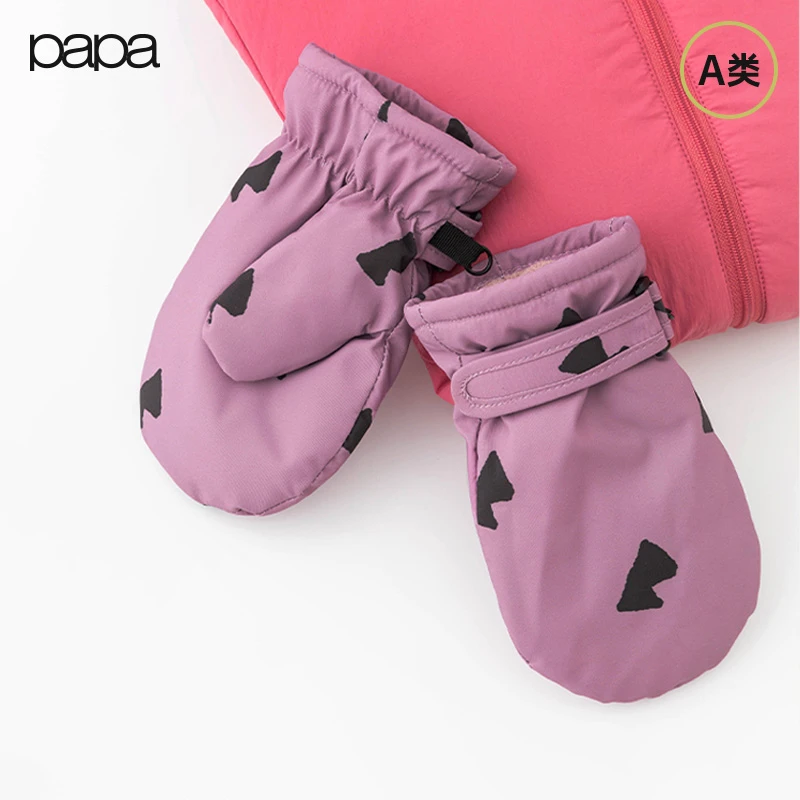 papa爬爬冬季新品儿童手套印花防风男女童手套防寒保暖