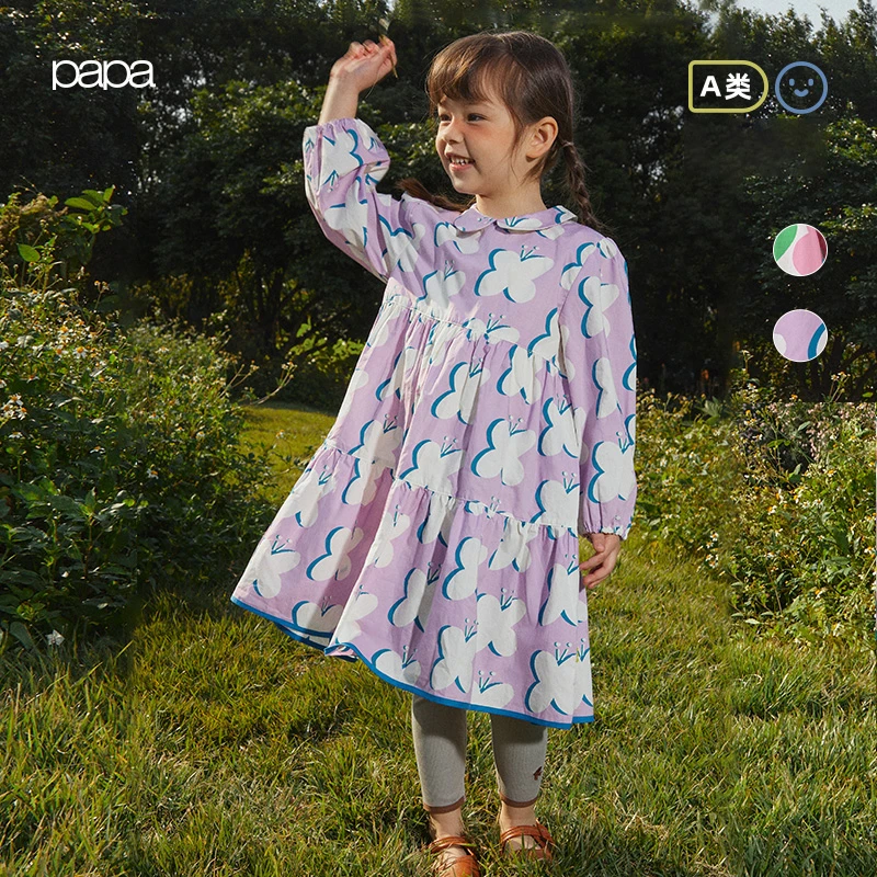 papa爬爬春季儿童连衣裙女宝宝花边领印花撞色中长款裙