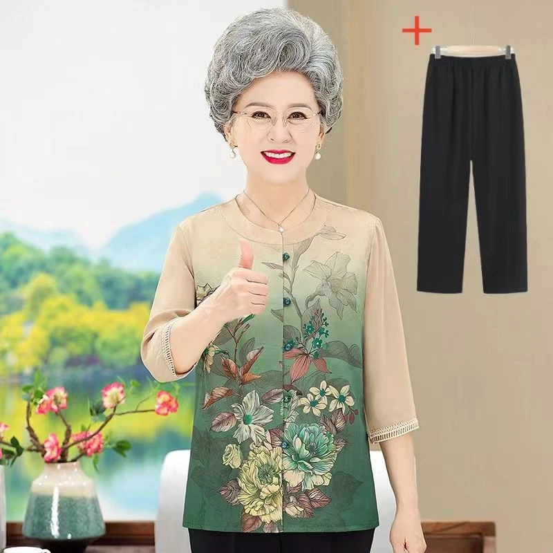 老年人夏装衬衫七分奶奶衬衣老太太老人夏天衣服新款妈妈宽松上衣