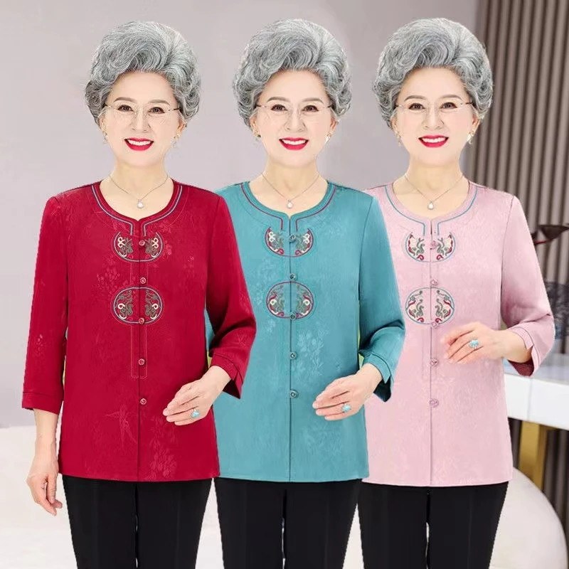 中老年人奶奶夏装套装衬衫七分袖上衣老太太开衫衬衣老年人T恤装2