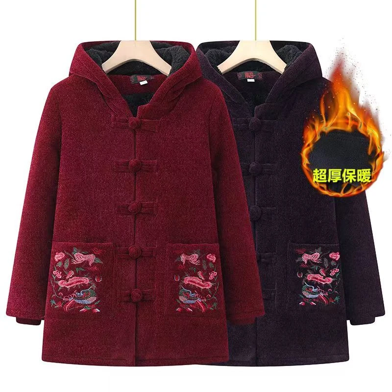 妈妈棉衣加绒加厚奶奶冬装老太太盘扣棉袄老人冬季连帽保暖外套女