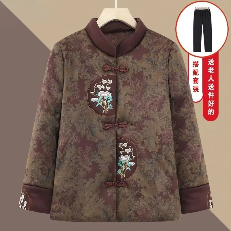 奶奶冬季棉衣棉袄加绒加厚外套妈妈冬装外套加绒加厚中老年女装