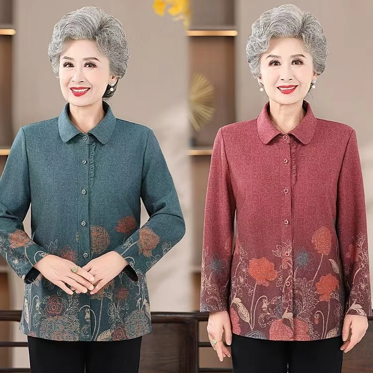 奶奶秋装外套女中老年人长袖衬衫2024新款妈妈套装老太太春秋上衣