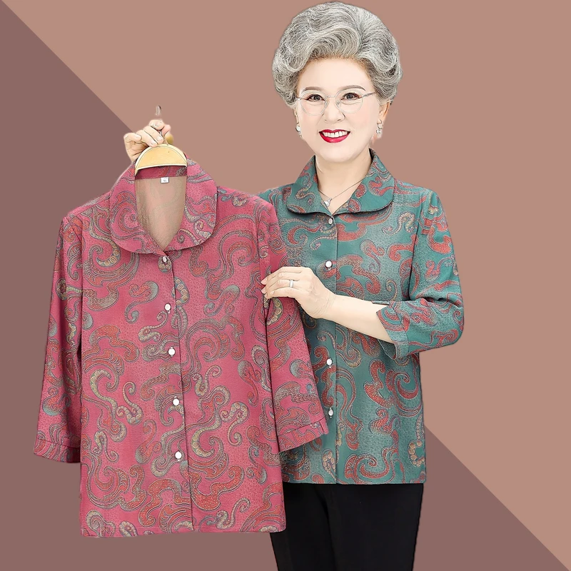 奶奶春装长袖衬衫薄款中老年人女装夏装老人妈妈太太衣服妇女婆婆