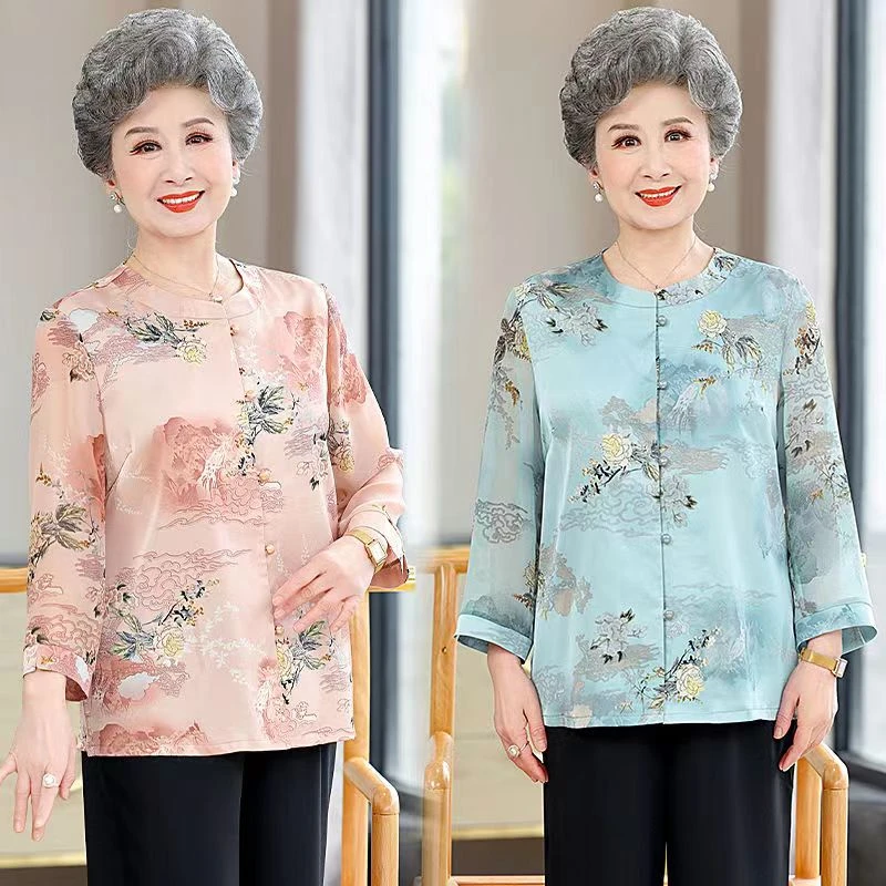 中老年人夏装女衬衫老太太洋气60岁70奶奶夏季衬衣妈妈上衣