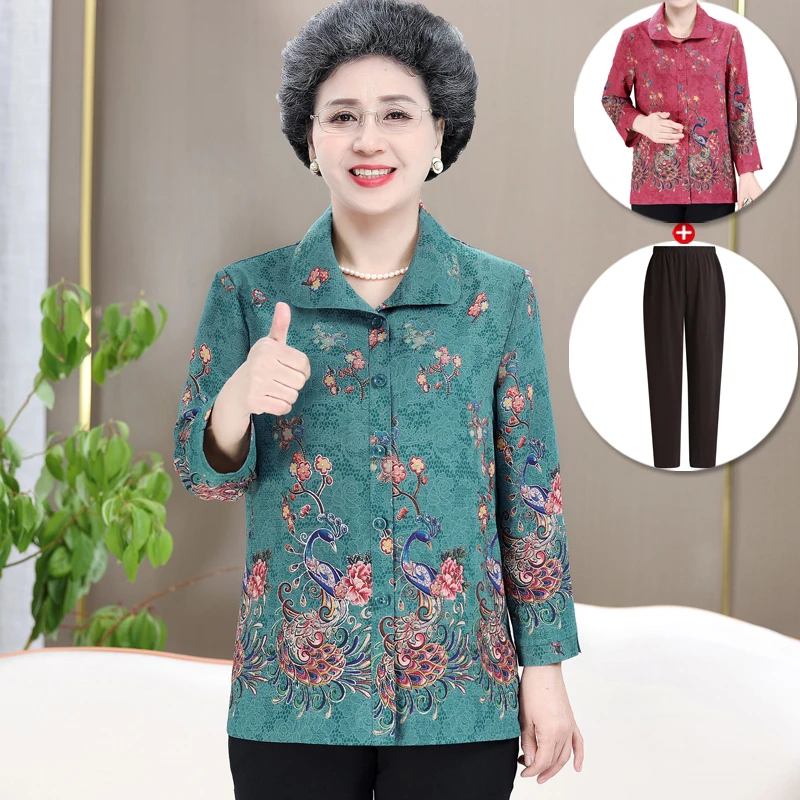 妈妈夏装衬衫中老年人女装老人奶奶装春装长袖上衣服大码婆婆太太