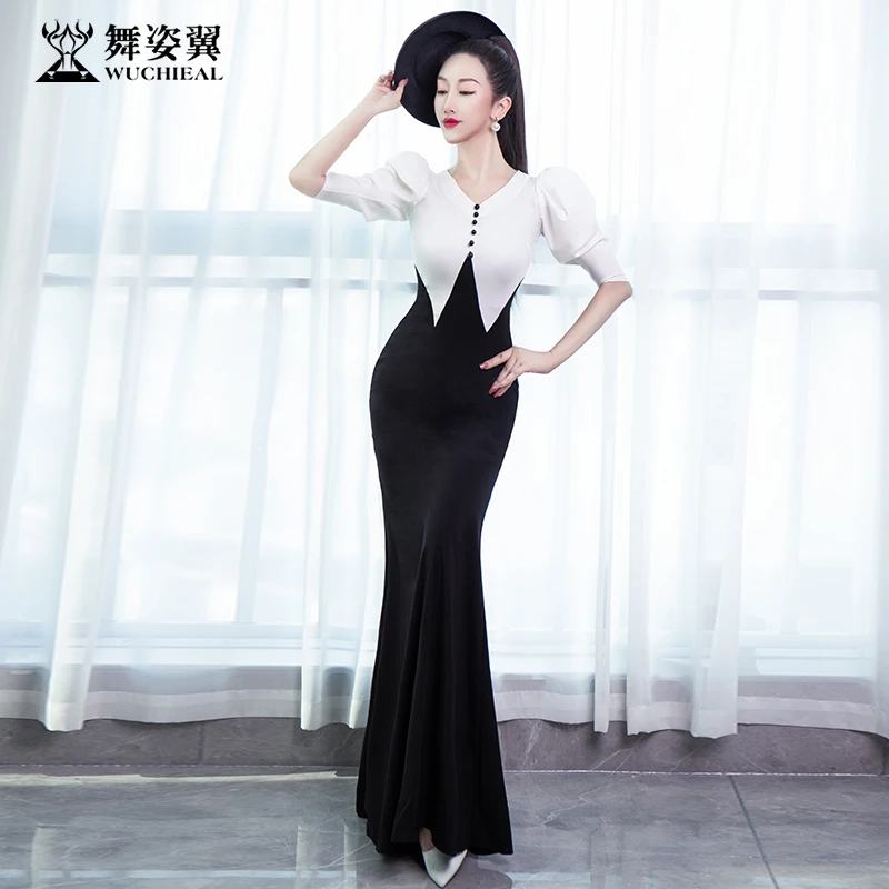 XT933 舞姿翼新款形体礼仪旗袍气质显瘦出场走秀主持人长款晚礼服