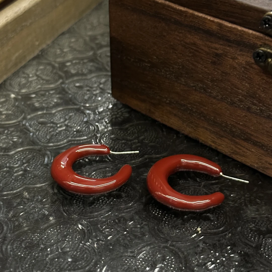 铜合金耳饰 酒红色复古C形耳饰-3167