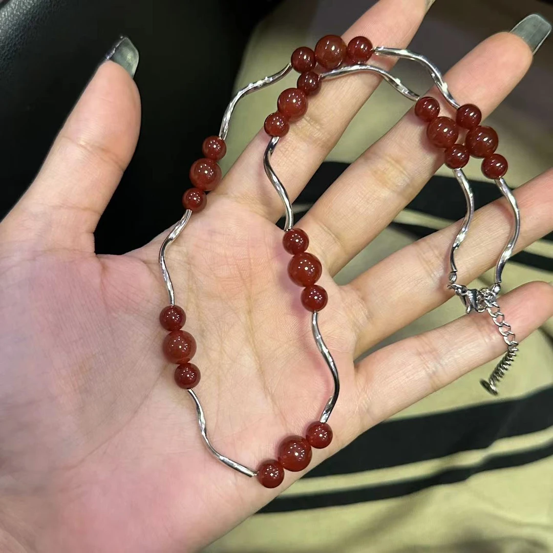 钛钢项链 简约辣妹风红色串珠项链-3004