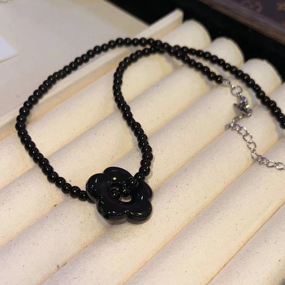 钛钢项链 小众设计黑色花朵项链-2631