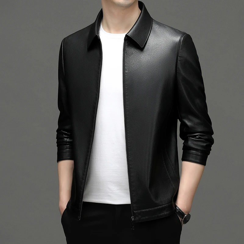 （双11大促）海宁男士秋冬新款休闲商务真皮翻领立领外套