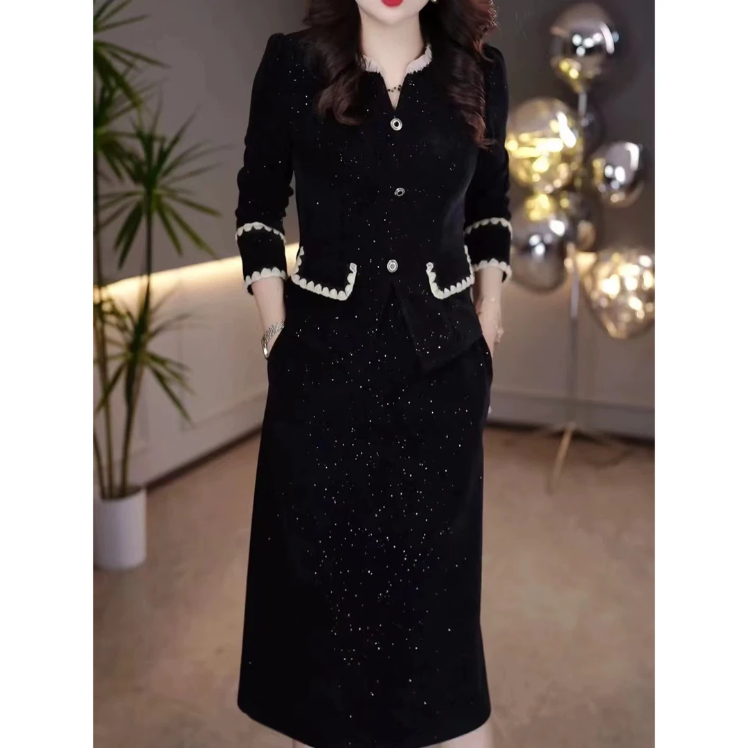 秋冬新款加厚气质修身显瘦假两件连衣裙优雅长袖