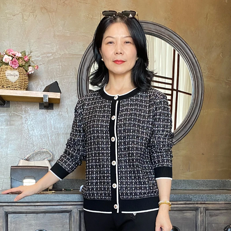 春秋名媛小香风圆领针织千鸟格时尚妈妈开衫气质短外套2201