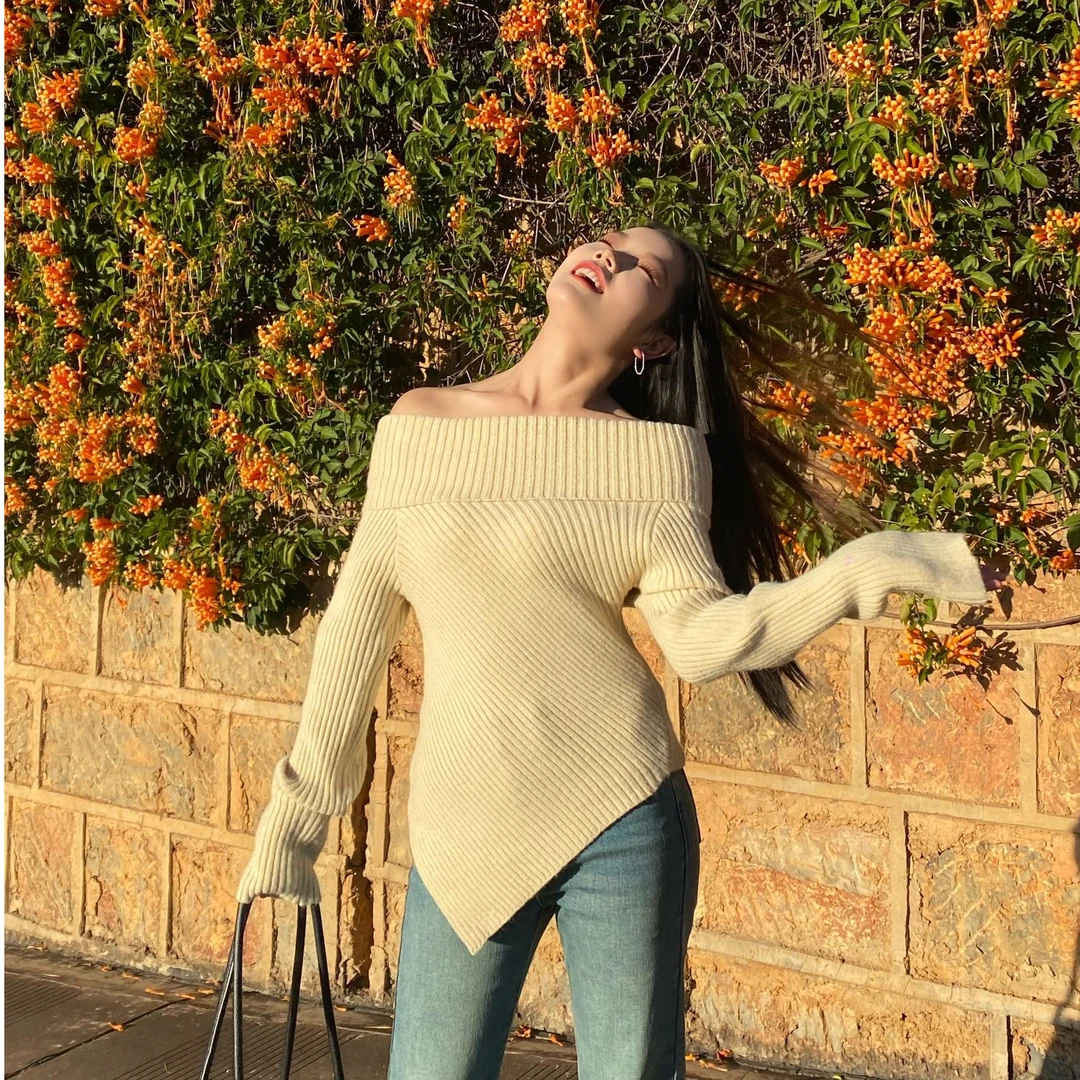 C101韩系一字肩毛衣女秋冬慵懒风高级感针织衫上衣