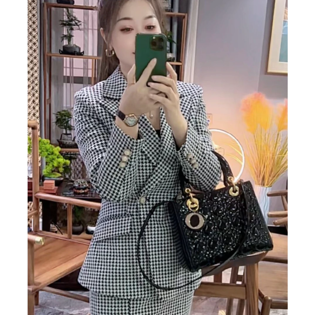工地一姐22591黑白千鸟格套装套装香风显瘦财阀千金女装洋气衣服
