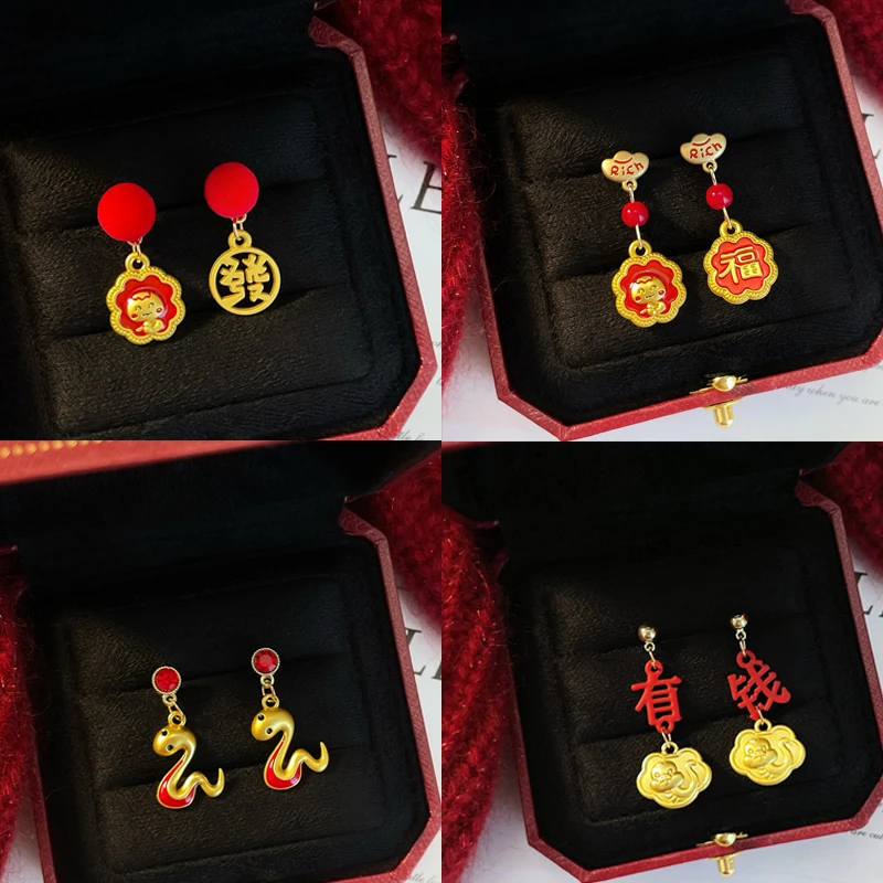 铜合金耳饰 本命年蛇年萌蛇红色耳环女2025新款爆款秋冬新年耳饰