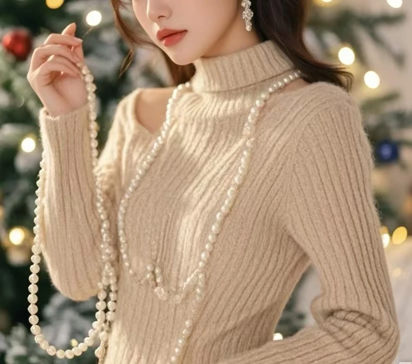 时尚气质修身秋冬长袖针织衫镂空设计感打底毛衣