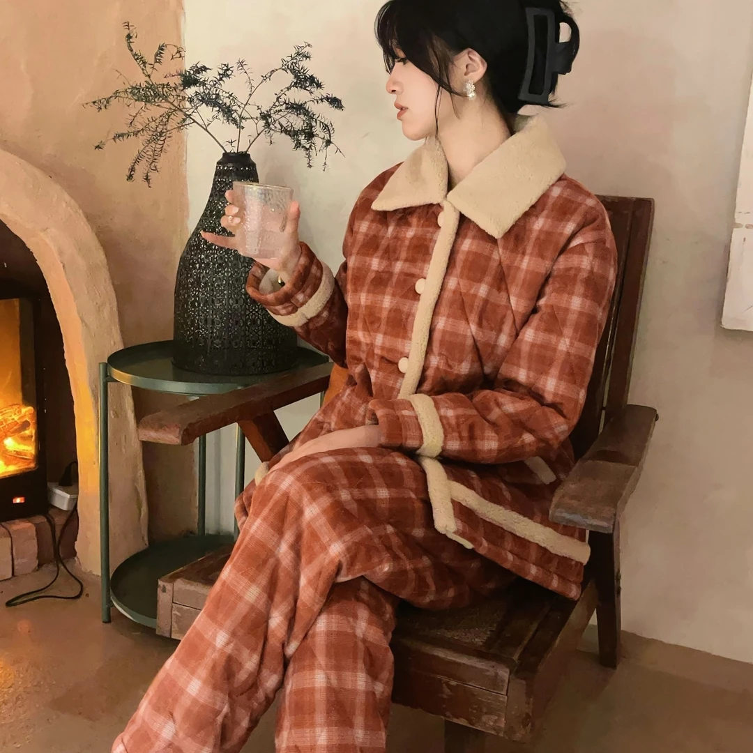 百家亲色织时尚格子夹棉袄三层加厚加绒保暖可外穿秋冬款家居服