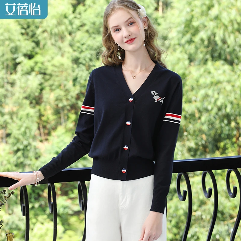 艾蓓怡精纺宝蓝撞色烫钻条纹针织开衫女2025秋季新款高支高密毛衣