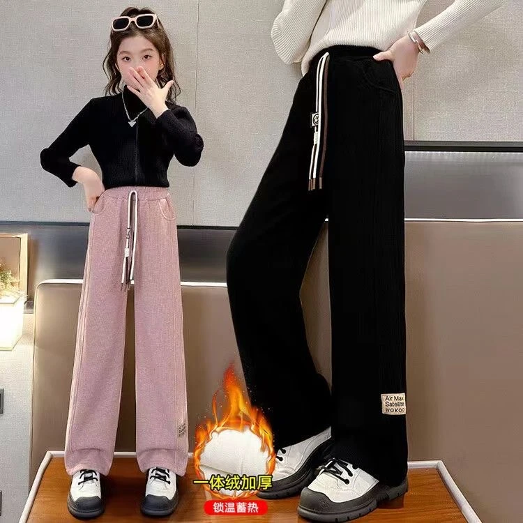 女童裤子加绒加厚儿童休闲裤秋冬款阔腿裤冬季长裤外穿中大童冬装