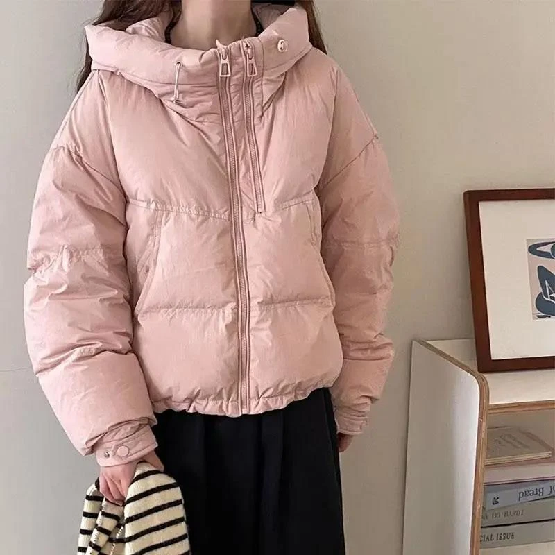 新款双拉链连帽加厚棉服女2024年冬季韩版休闲夹克面包服短款外套