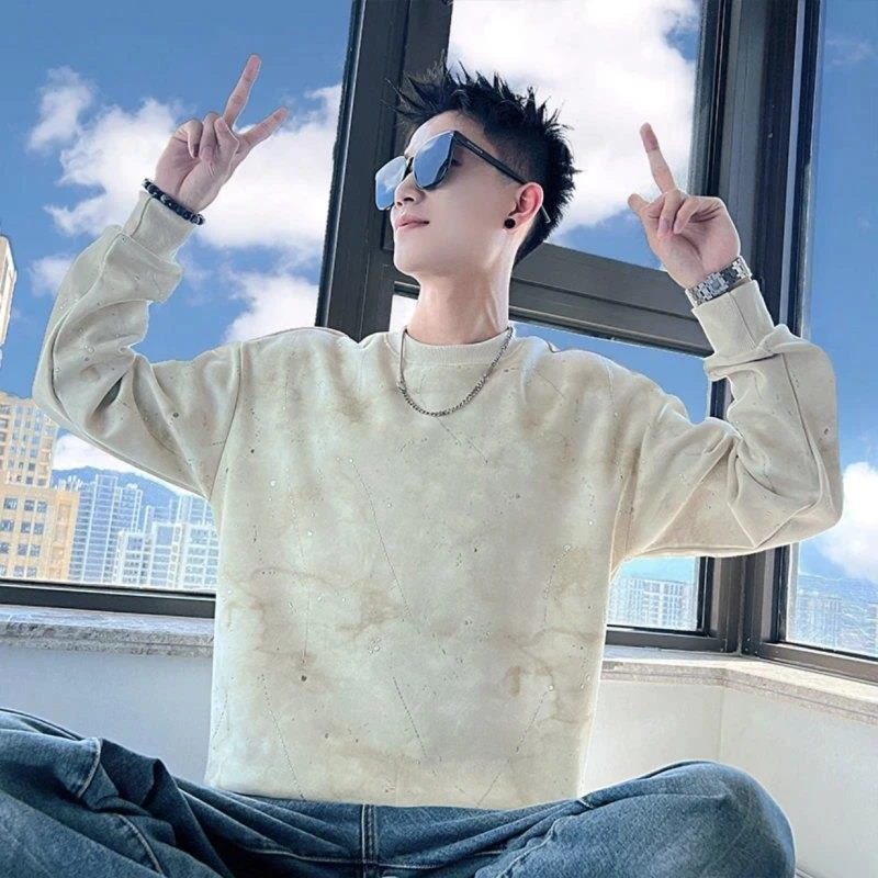 设计感扎染圆领卫衣男2024新款潮牌痞帅宽松打底衫秋季高级感上衣
