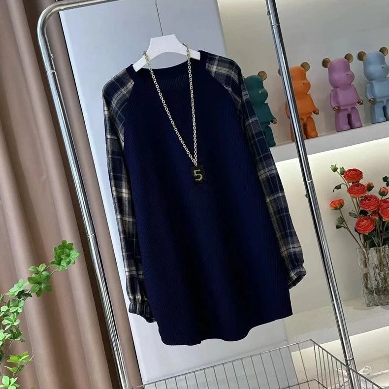 格子袖拼接上衣秋季2025新款宽松显瘦大版洋气中长款圆领套头卫衣