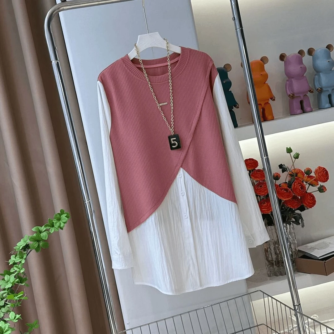 拼接撞色长袖衬衫秋季新款宽松显瘦休闲大版时尚中长款上衣女