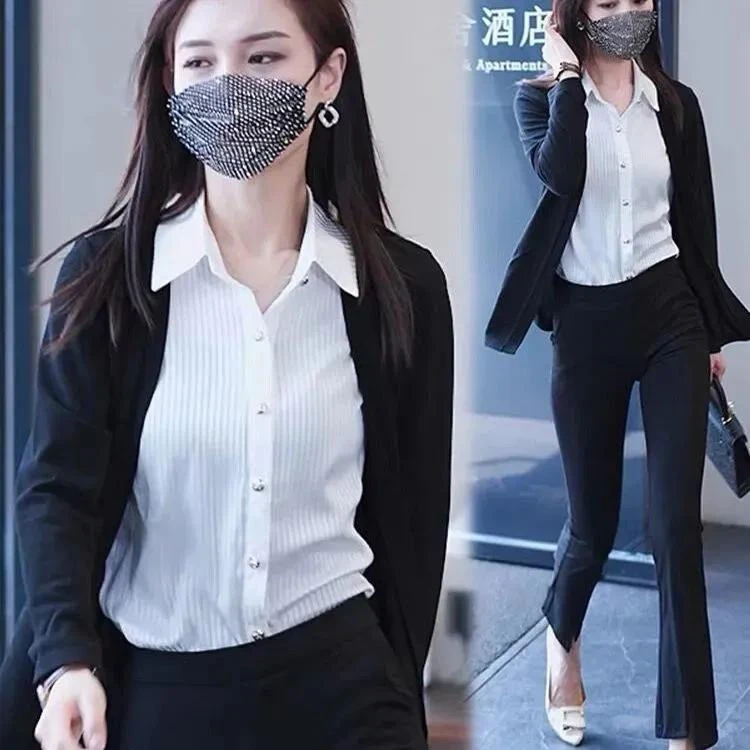 气质假两件拼接长袖开衫女2025秋新款遮肚显瘦衬衣百搭衬衫女上衣