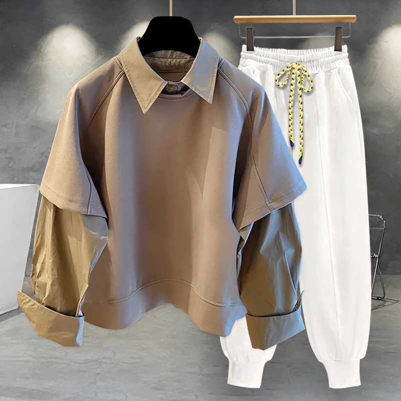 高级感痞帅男装一整套帅气潮流套装拼接假两件卫衣搭配休闲运动裤