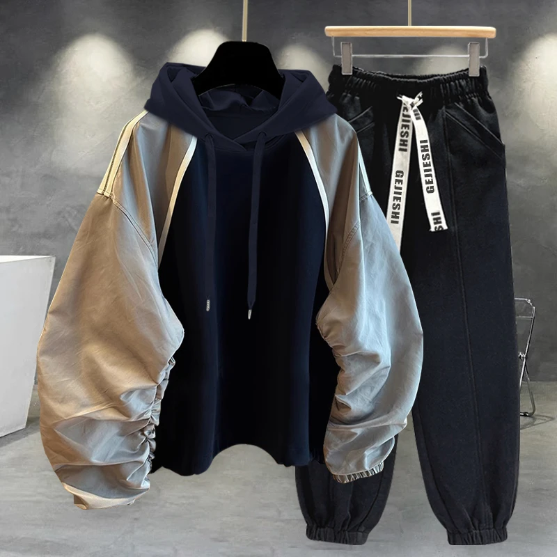 帅气潮流套装男褶皱插肩袖连帽卫衣搭配工装休闲裤高级感痞帅男装