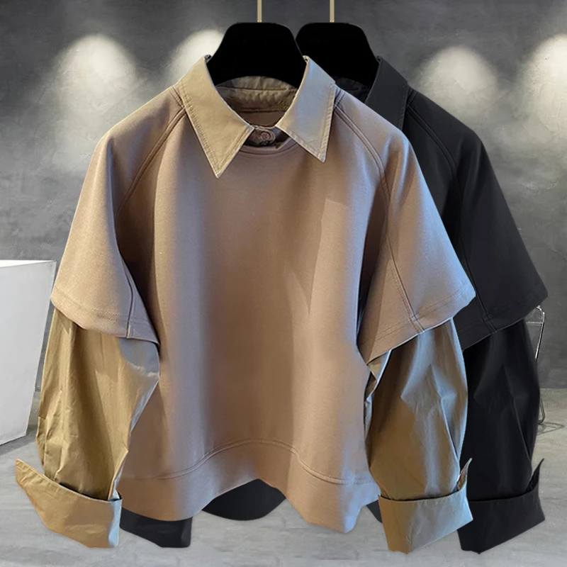 秋季新款假两件衬衫卫衣韩版潮流宽松时尚港风秋季男上衣翻领套头