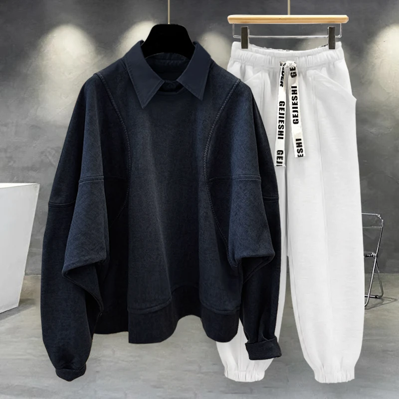 帅气潮流套装男入秋一整套男装麂皮绒蝙蝠袖翻领卫衣搭工装休闲裤
